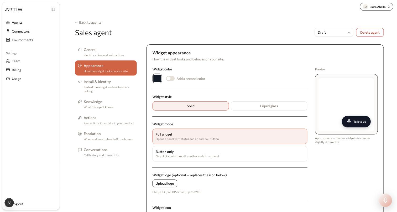 Artis voice widget matched to a product's brand